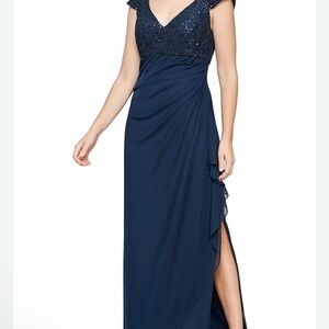 Alex Evenings Navy Blue Ruched Slit Maxi Gown